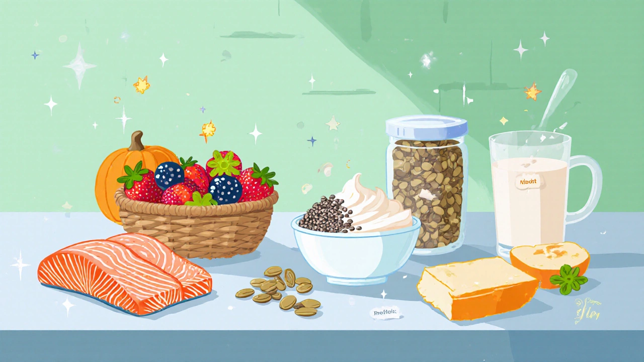 Cartoon kitchen counter filled with salmon, yogurt, berries, pumpkin seeds, and plant milk.