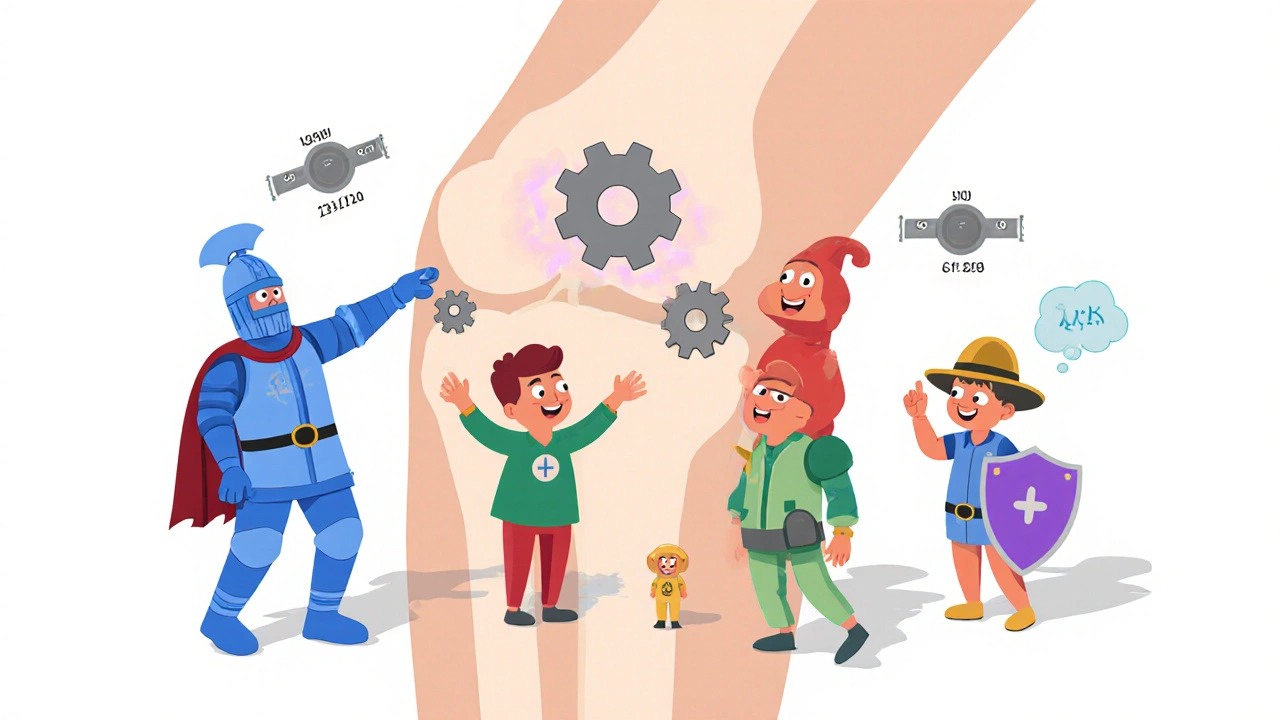 Cartoon knee joint with drug characters showing COX inhibition and half‑life timers.