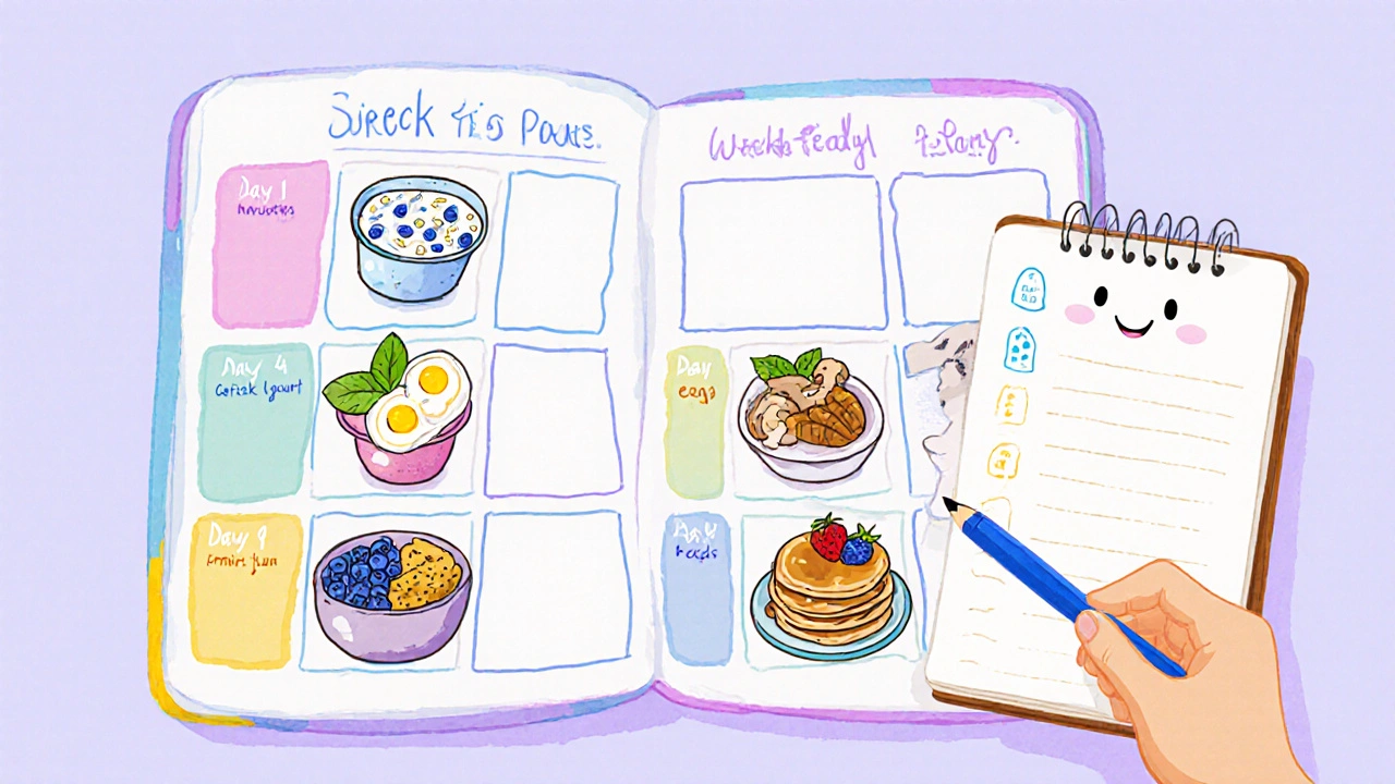 Cartoon weekly planner showing meals for each day and a diary tracking itch levels.