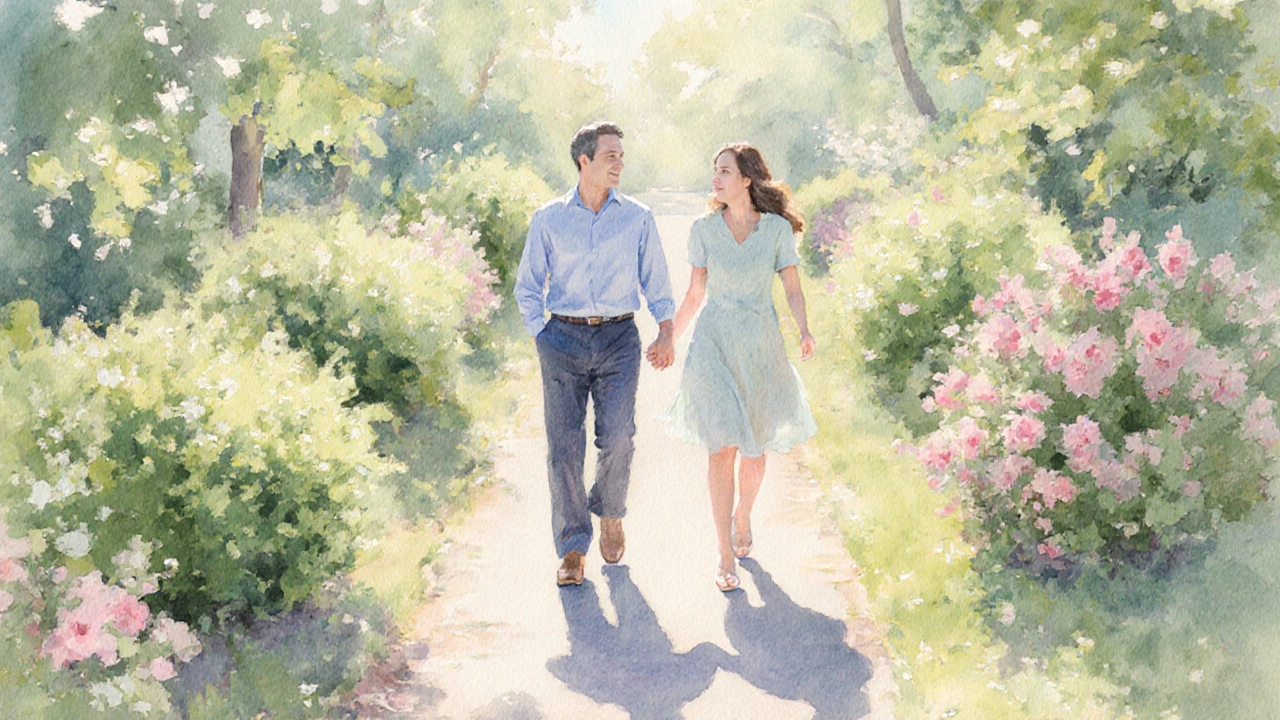 Couple strolling hand‑in‑hand through a sunlit garden, symbolizing renewed intimacy.
