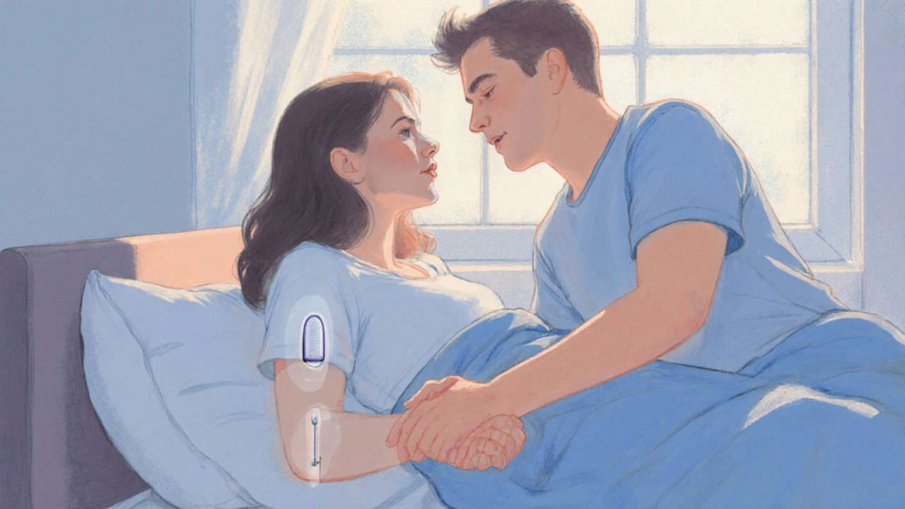 Couple using supportive pillows and holding hands after penile implant surgery.
