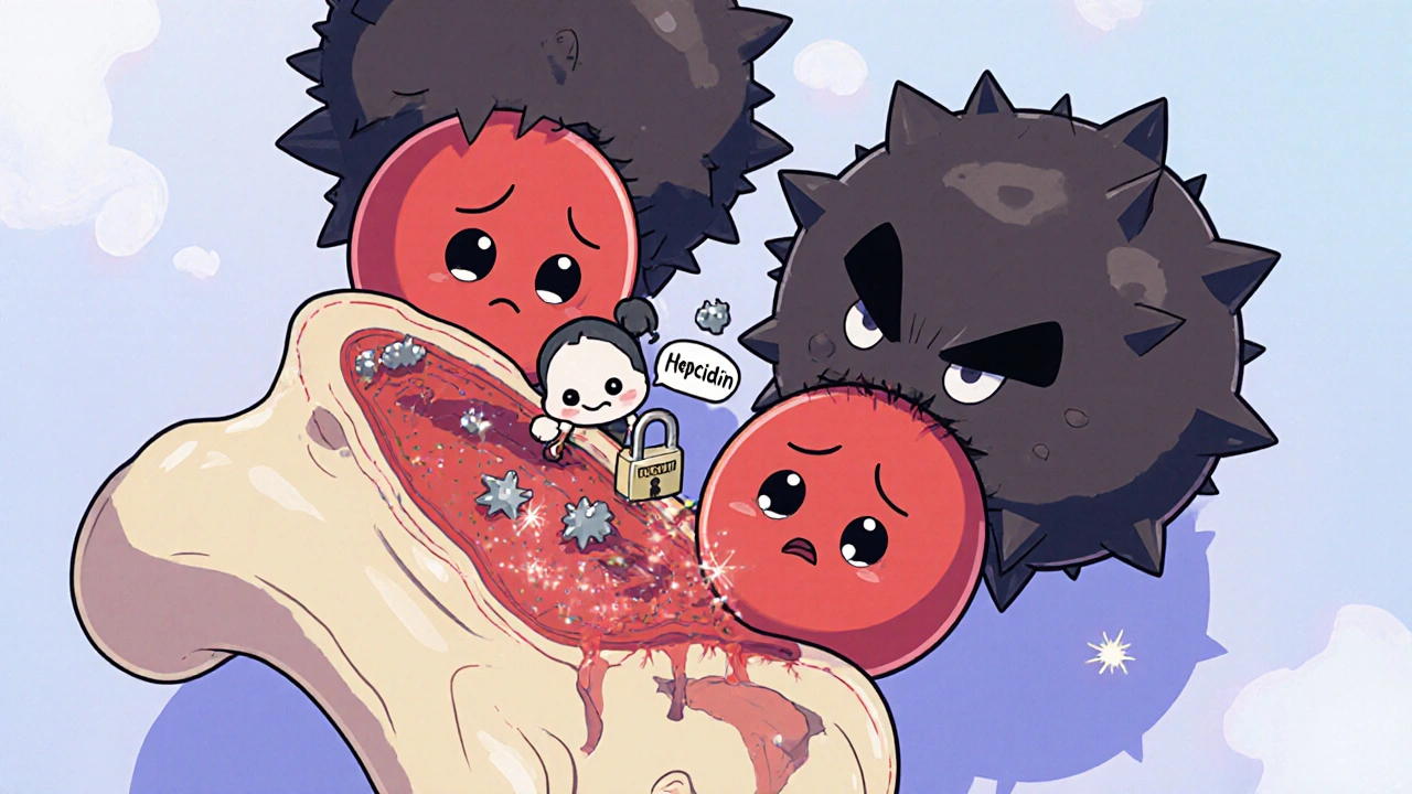 Cross‑section of bone marrow showing sad red cell precursors crowded by invading tumor cells.