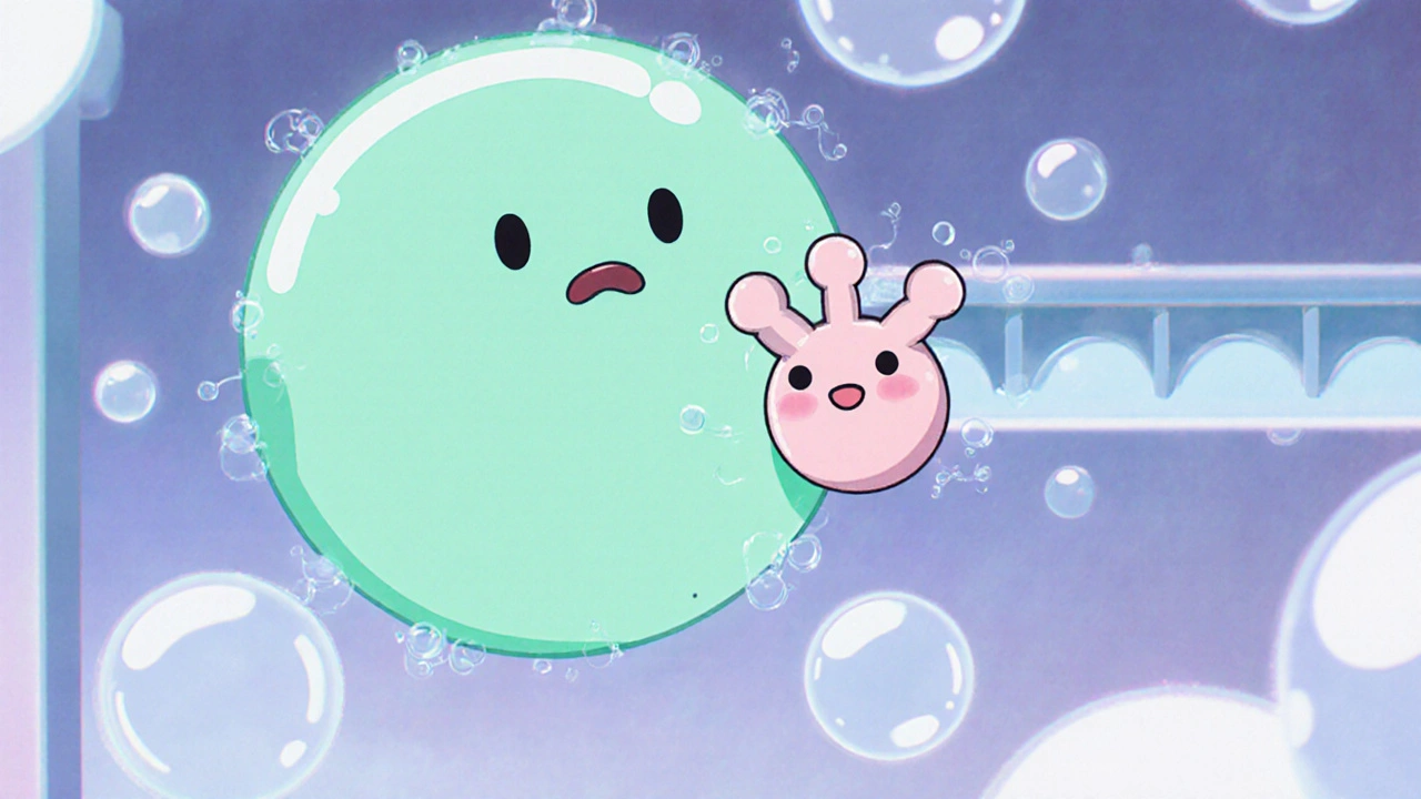 Cute chloramphenicol molecule blocking a bacterial ribosome in a pastel lab.
