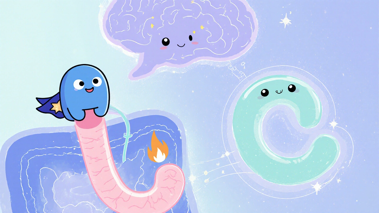 Cute nerve mascot linking esophagus and colon with a brain above, illustrating their connection.