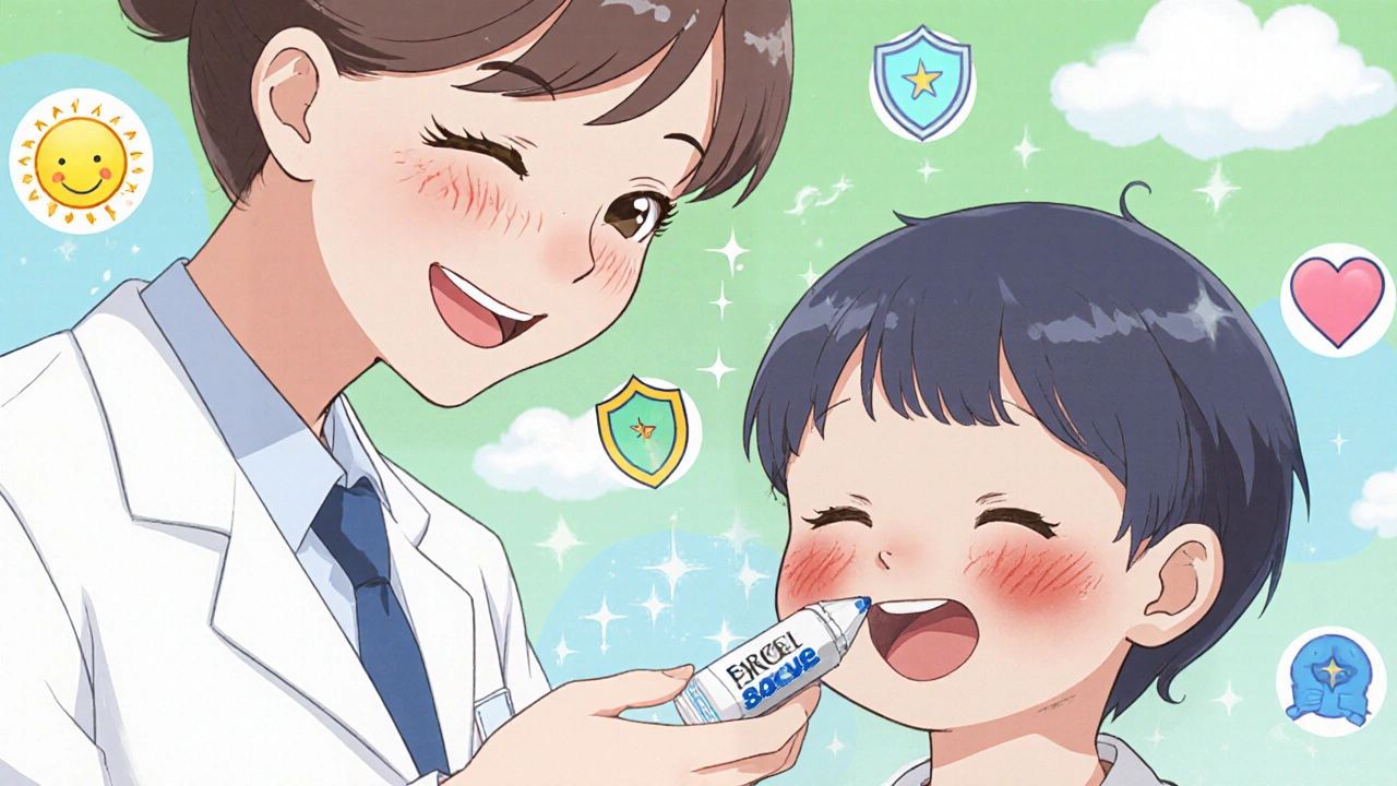 Dermatologist giving Eucrisa to a toddler, surrounded by symbols of safety and daily care.