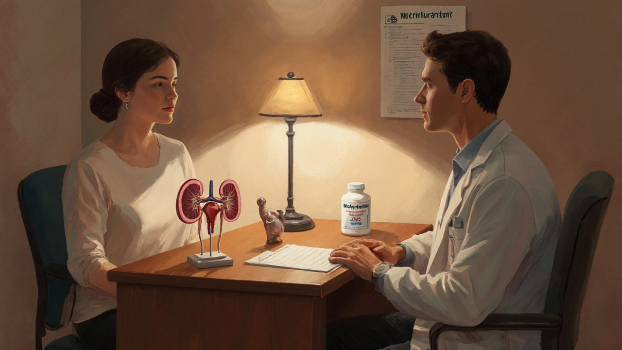 Doctor and patient discussing treatment with kidney and bladder models.