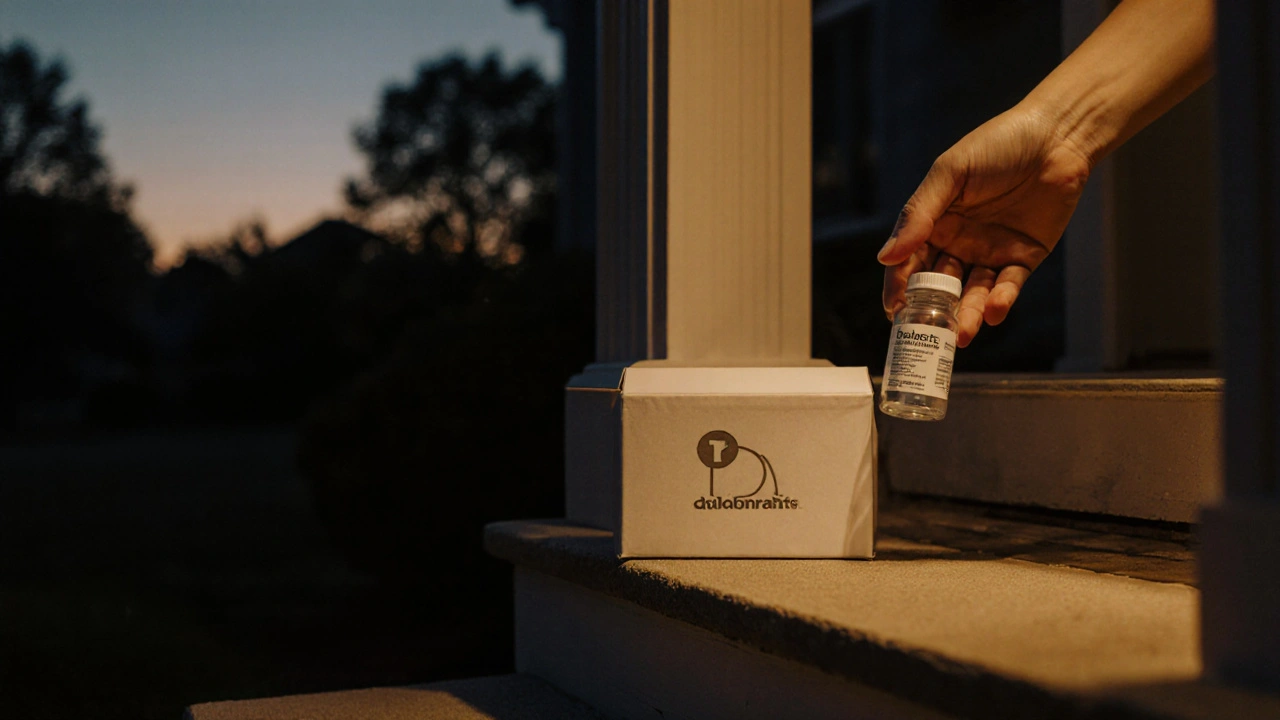 Dusk porch scene with a discreet package revealing a generic Depakote bottle.