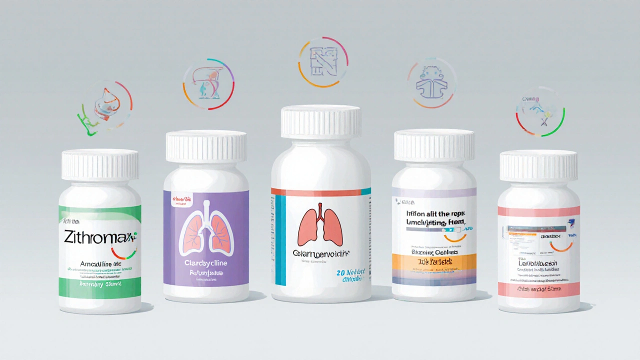 Five antibiotic pill bottles displayed with icons indicating uses and side‑effects.