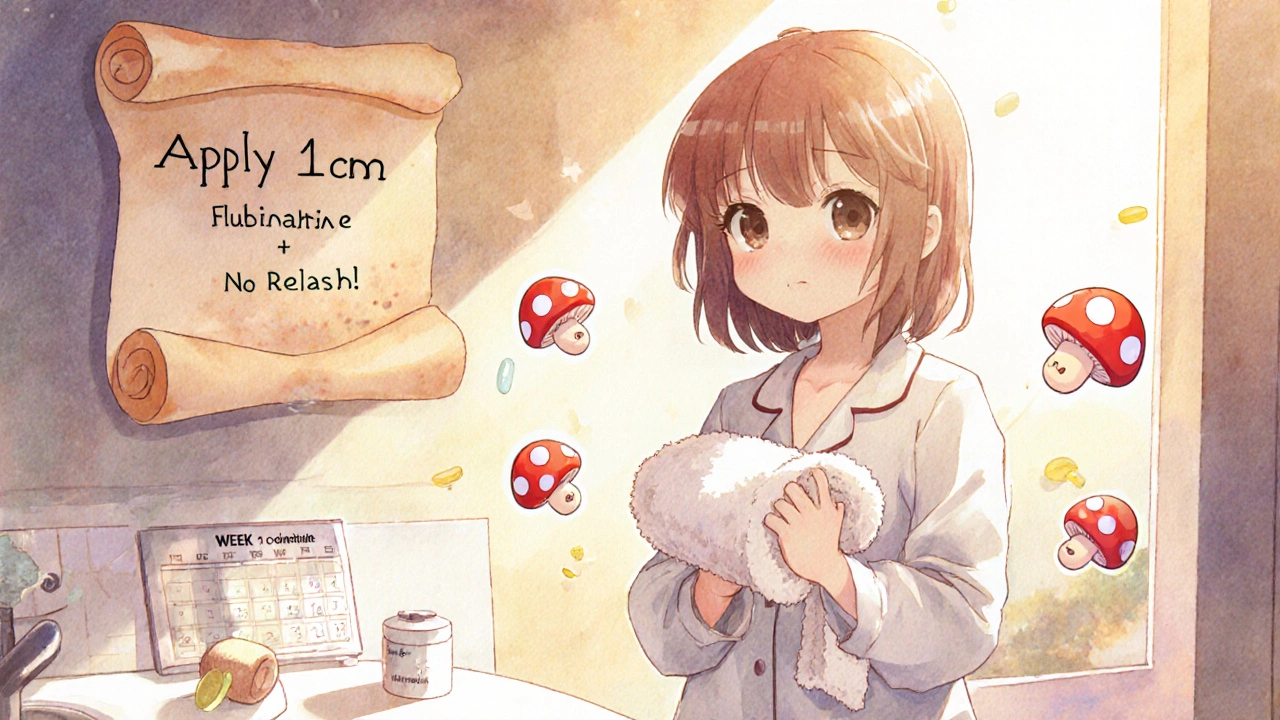 Girl confidently treating fungal rash as cartoonish spores run away