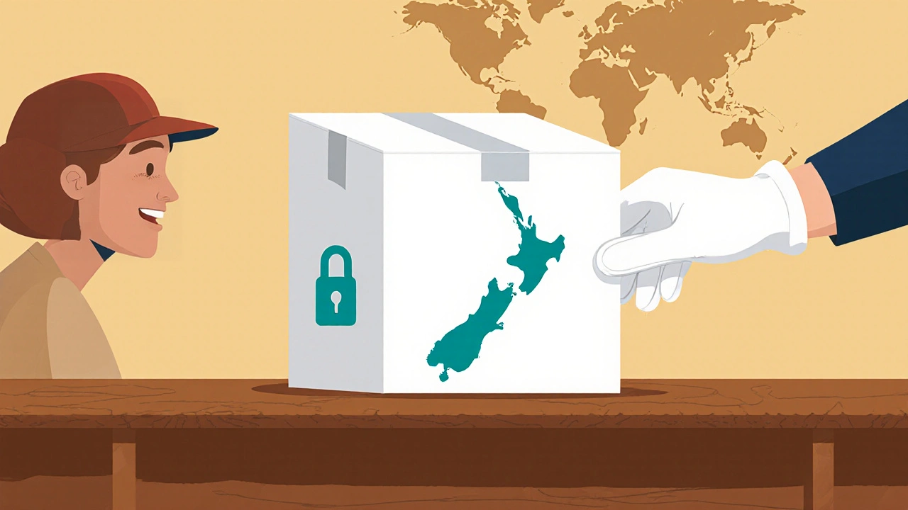 Hand delivering a box of generic Claritin pills with a padlock symbol indicating safe pharmacy.