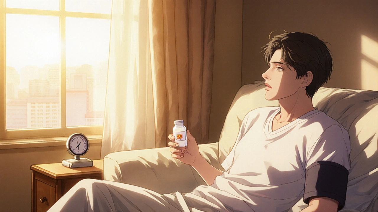 Happy adult holding medication, showing stable blood pressure in a cozy setting.