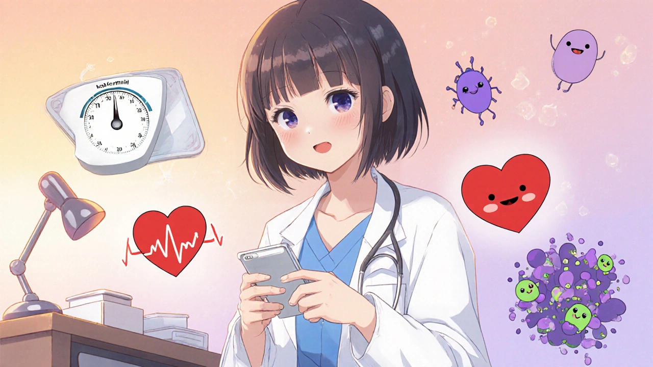 Happy adult holds Metformin tablet beside icons of weight loss, heart, and gut microbes.