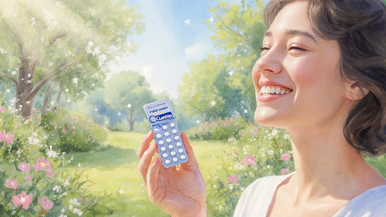 Happy individual outdoors breathing easily, holding a pack of generic Claritin tablets.