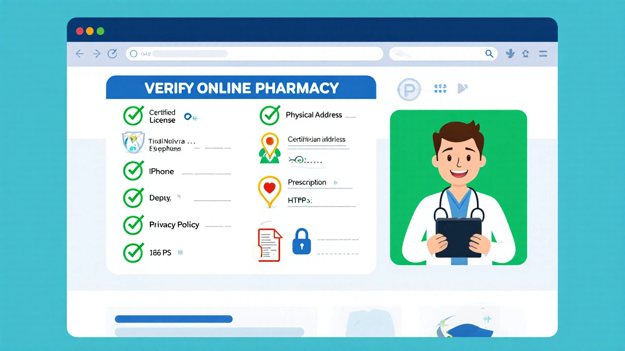 Illustrated checklist with icons confirming a legitimate online pharmacy.