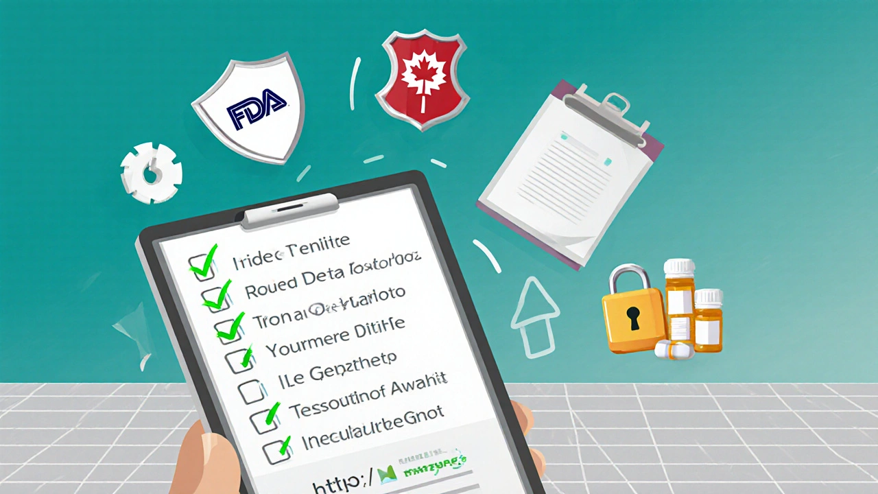 Illustrated checklist with icons for FDA, Health Canada, Medsafe and secure pharmacy steps.