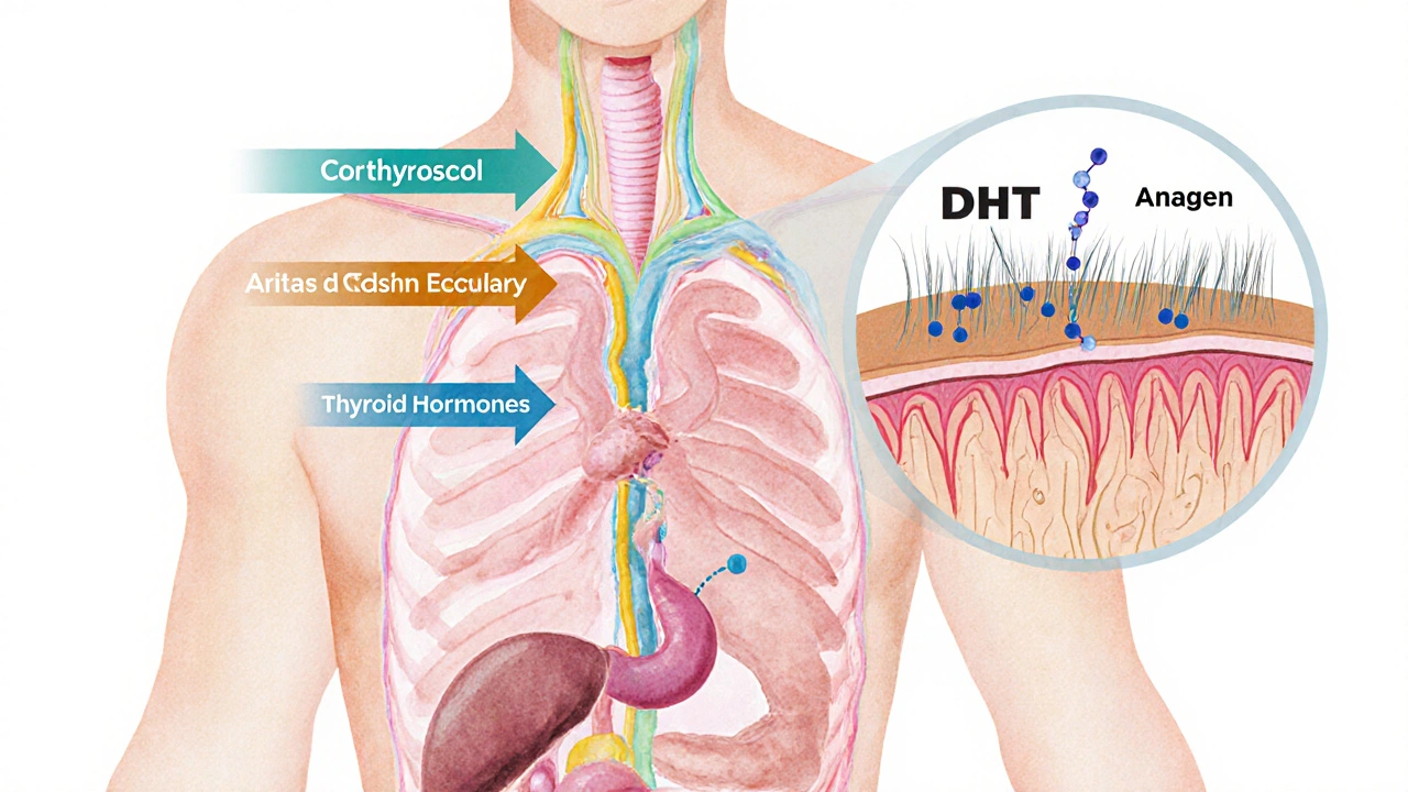 Illustration of hormonal pathways (cortisol, insulin, thyroid) affecting a hair follicle.