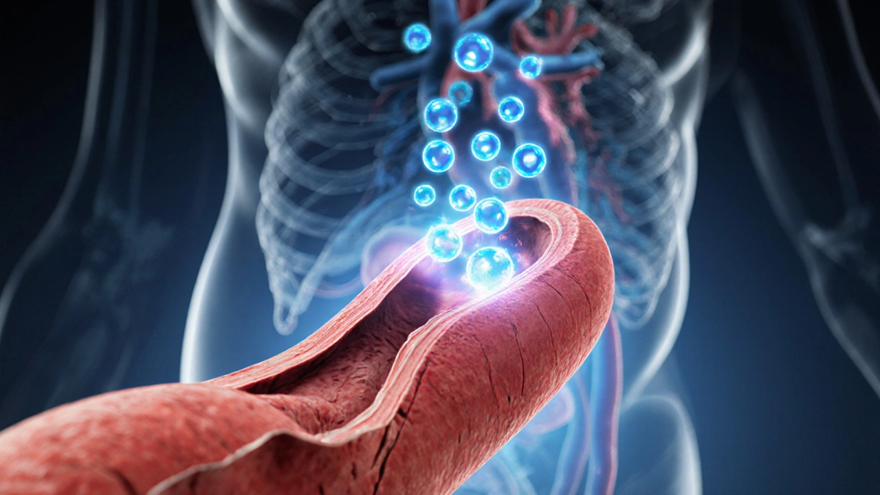 Illustration showing nitric oxide particles widening a red blood vessel.