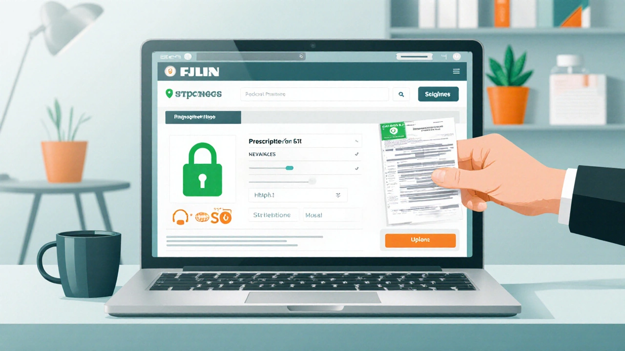 Laptop displaying an online pharmacy page with licence info and a hand holding a scanned prescription.