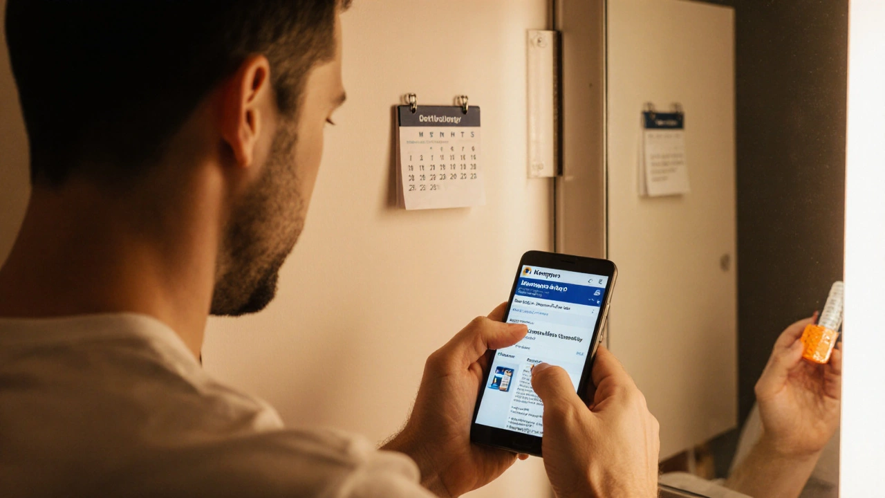 Man in bathroom holding Kamagra Polo tablet while checking phone on pharmacy site.