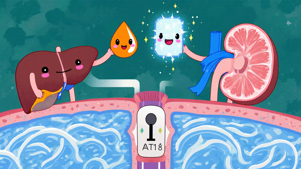 Moe illustration of Azilsartan blocking a vessel receptor with organ characters.