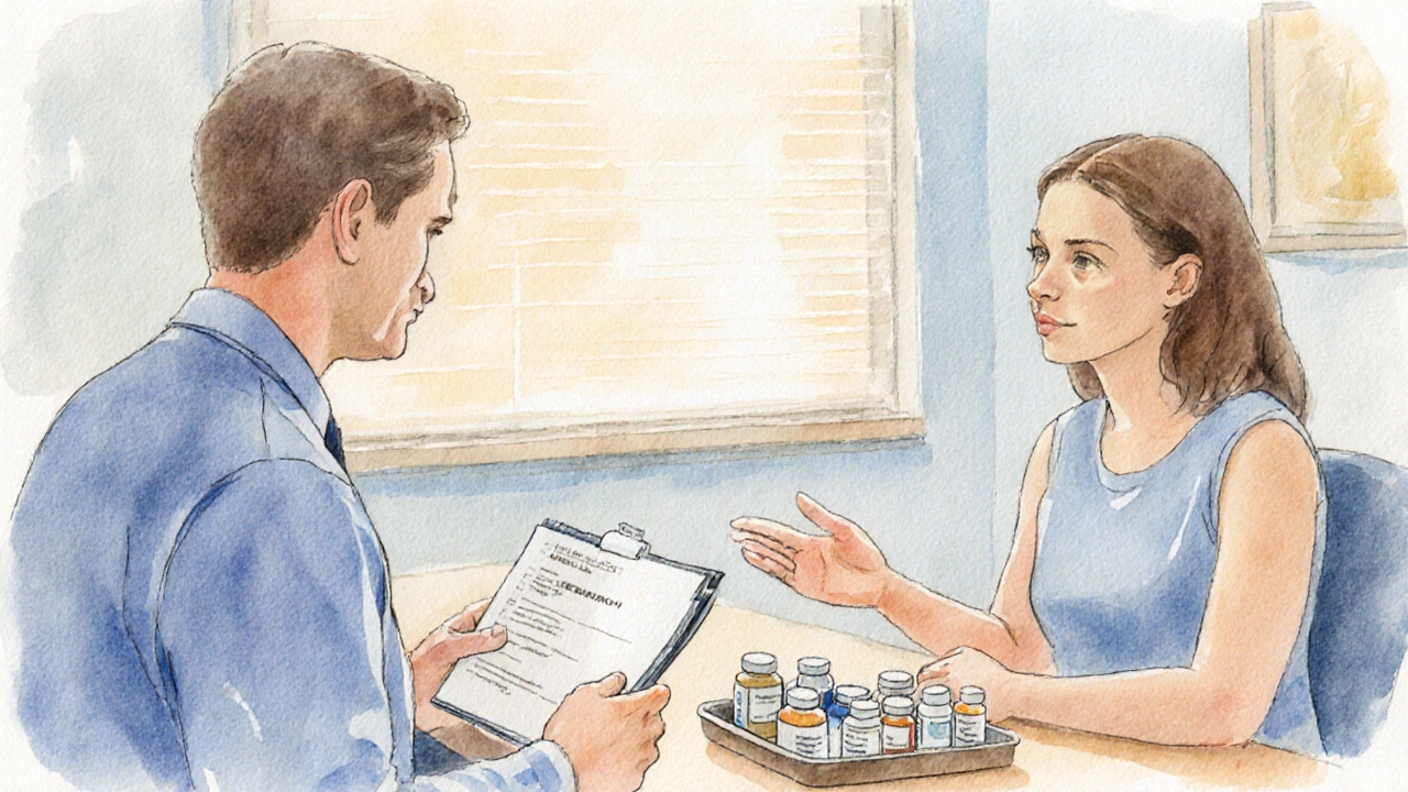 Patient and doctor discussing medication options in a bright exam room.