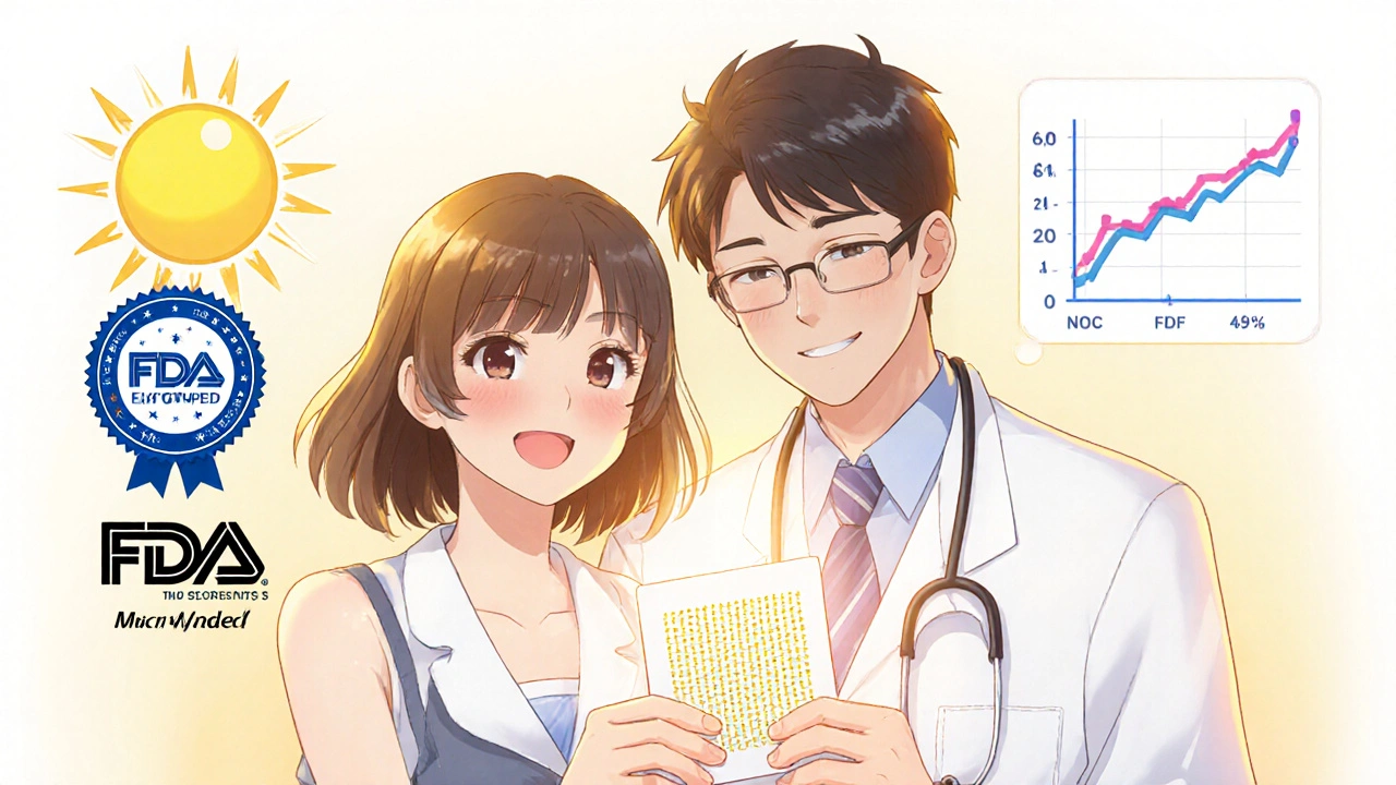 Patient and doctor holding a glowing microneedle patch with regulator badge icons.