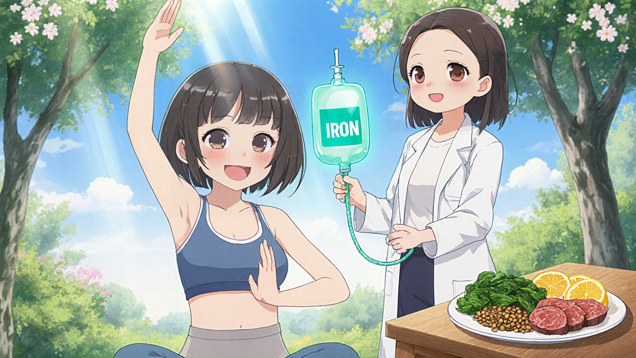 Patient doing yoga outdoors with doctor offering IV iron and a plate of iron‑rich foods.