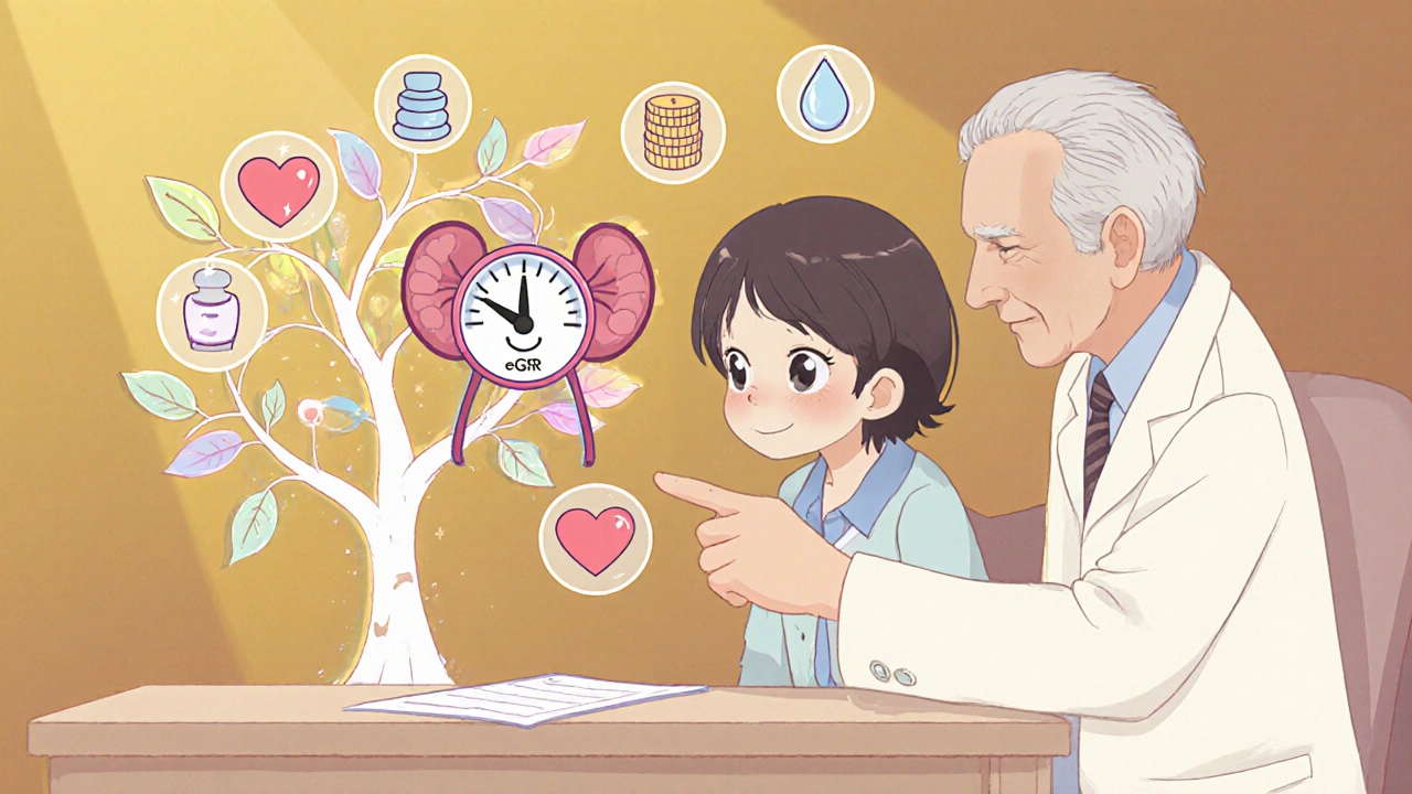 Patient looking at a kidney gauge while doctor points to a pastel decision tree of meds.