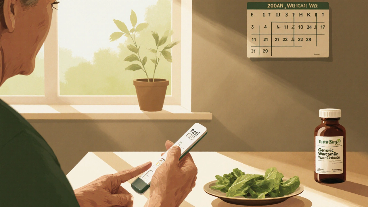 Person at kitchen table doing a home INR test next to warfarin bottle and leafy greens.