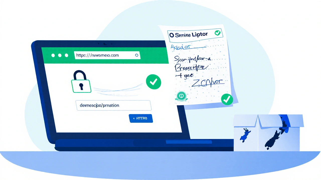 Person using laptop to order generic medication with secure icons shown.