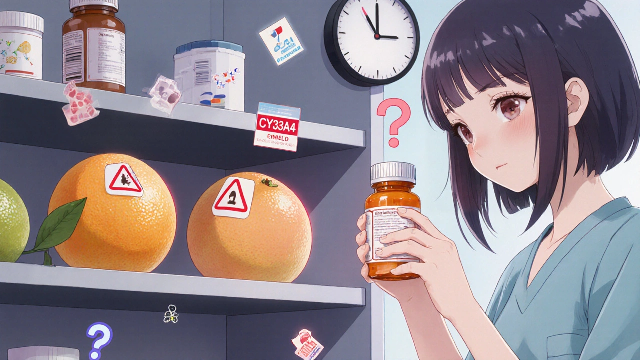 Pharmacy shelf with unlabeled dangerous citrus fruits beside a confused patient holding a prescription.