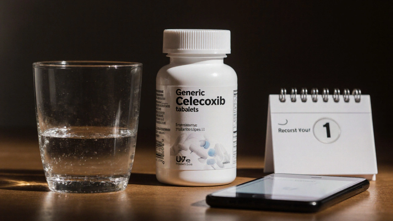 Pill bottle with tablets, water glass, calendar, and phone showing order confirmation.
