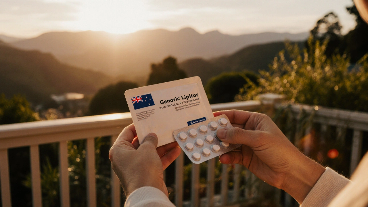 Receiver opening a parcel of generic Lipitor tablets on a New Zealand veranda.