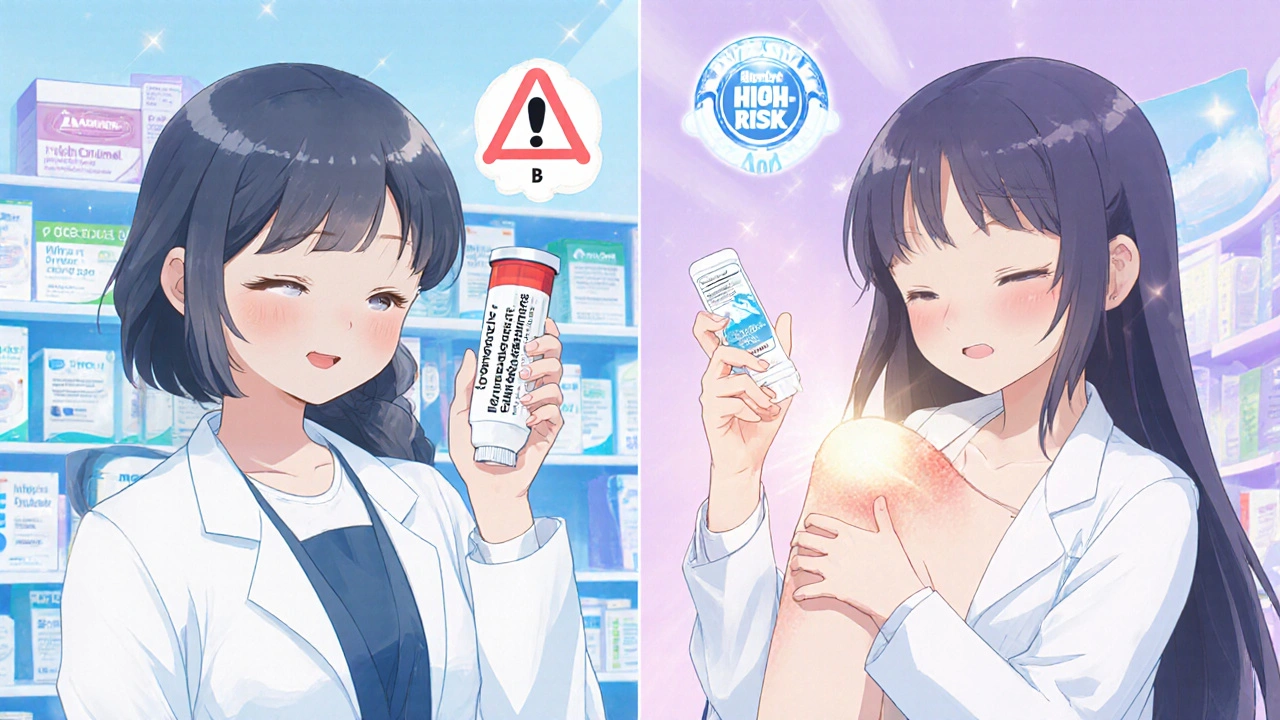 Side-by-side comparison of strong vs gentle antifungal creams in a pharmacy setting