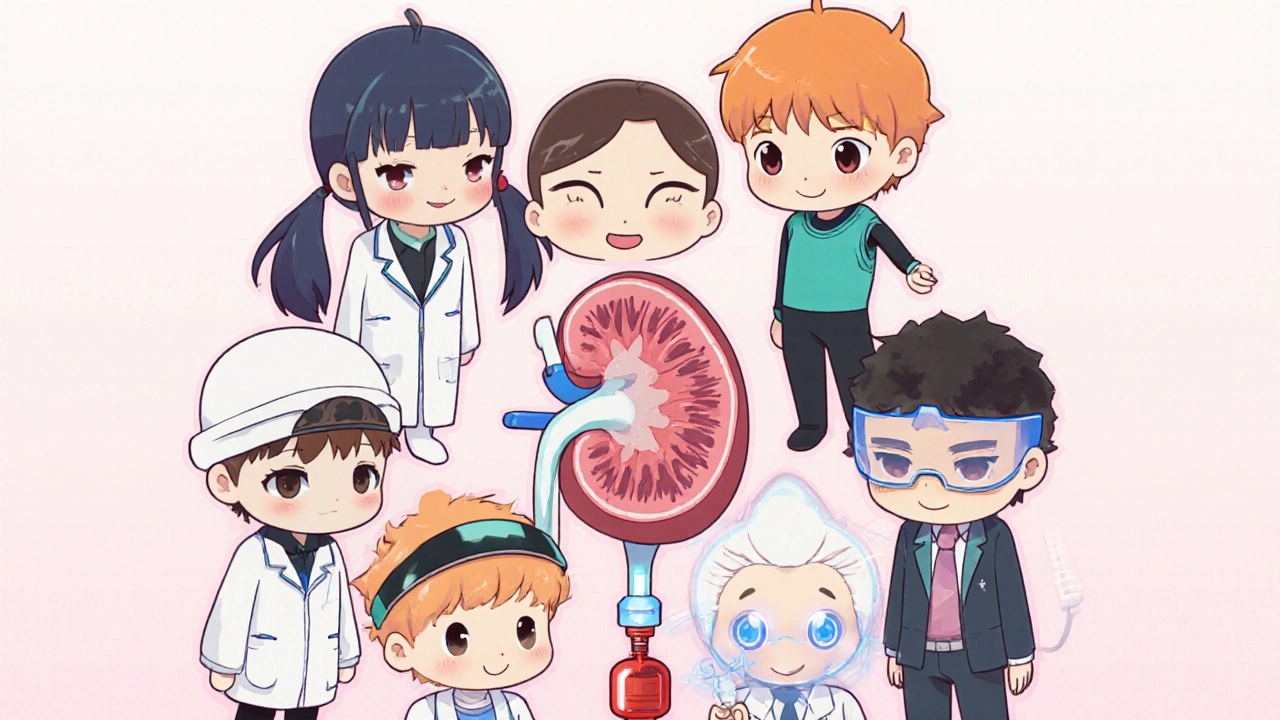 Six cute characters representing gout drugs gathered around a friendly kidney.