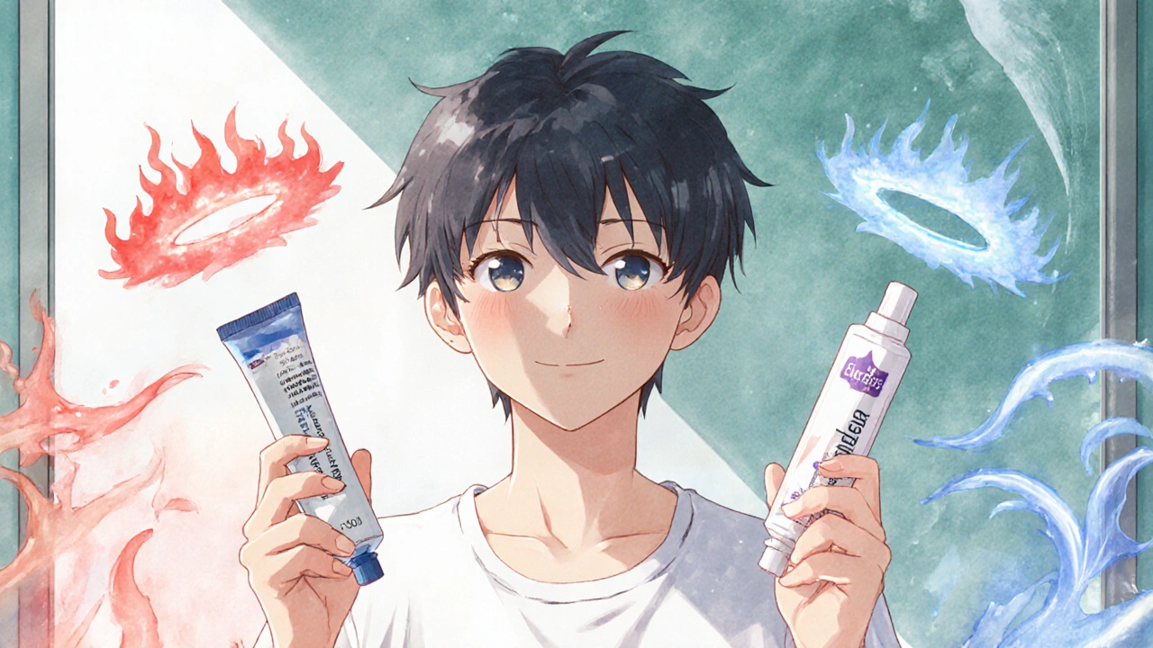 Teenager comparing Flutivate and Eucrisa tubes with glowing red and blue healing auras.