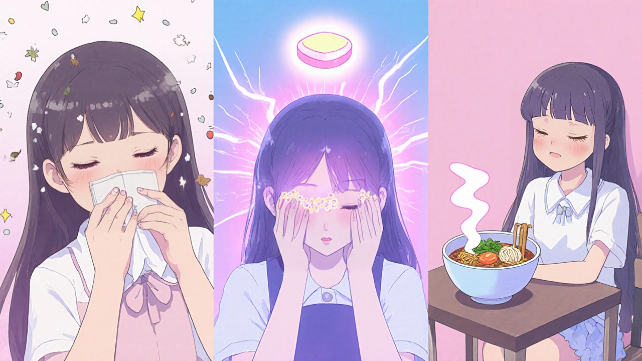 Three moe characters showing allergy, migraine, and appetite use of cyproheptadine.
