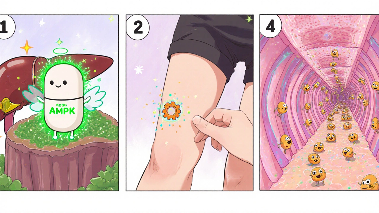 Three panels: Metformin pill activates liver, muscle, and gut with smiling characters.