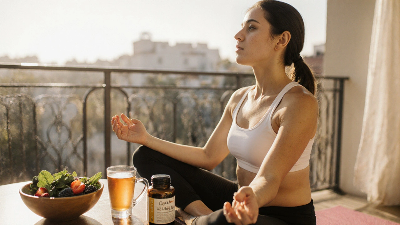Woman doing yoga on balcony with tea, healthy foods, showing smooth skin and less hair.