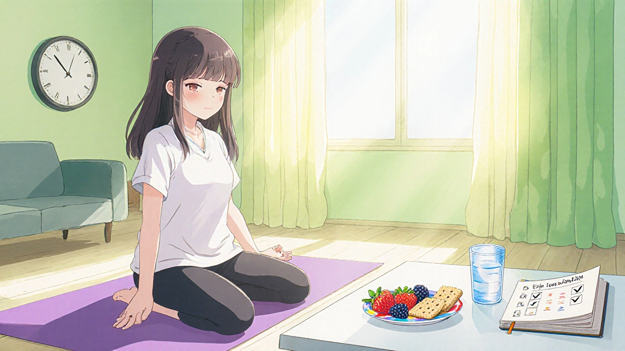Young woman doing yoga beside a low‑FODMAP snack plate and diary, showing stress‑relief habits.