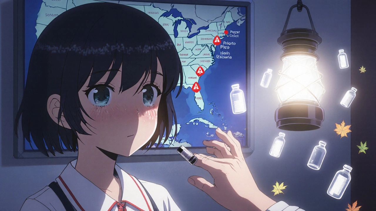 A child receives an insulin injection in a dim clinic, with empty medicine bottles floating like fallen leaves.