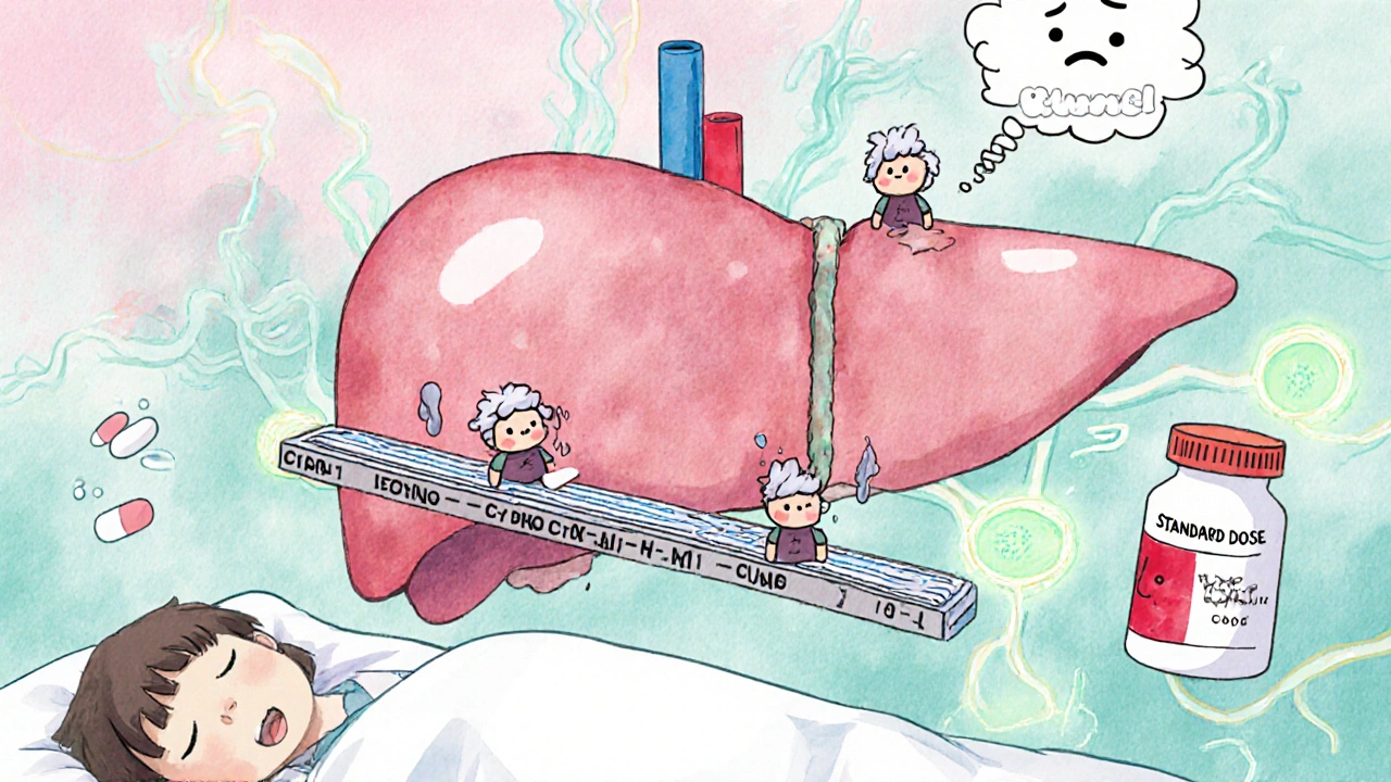 A cute liver factory with workers shutting down as drugs bypass through shunt tunnels.