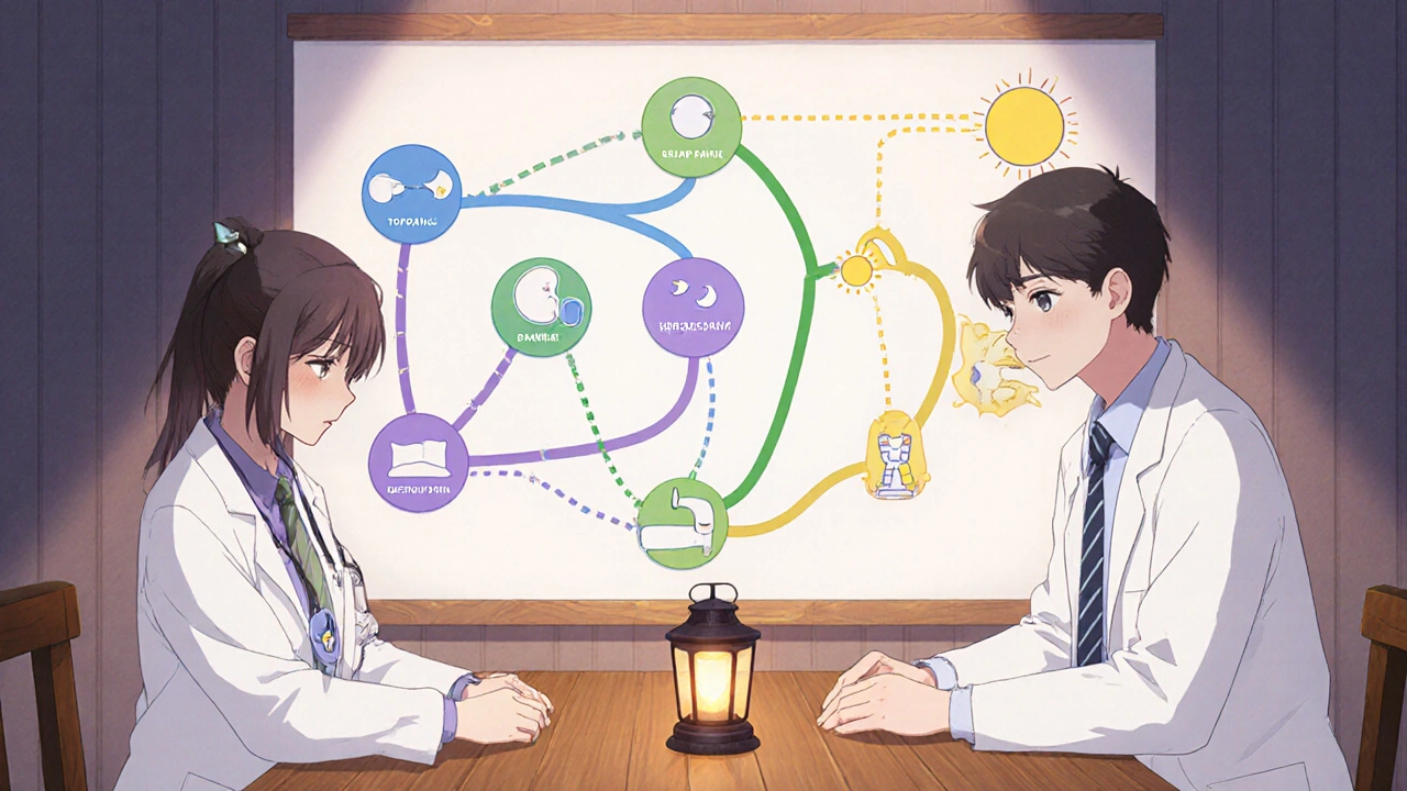 A doctor and patient reviewing a colorful medication flowchart under warm light.