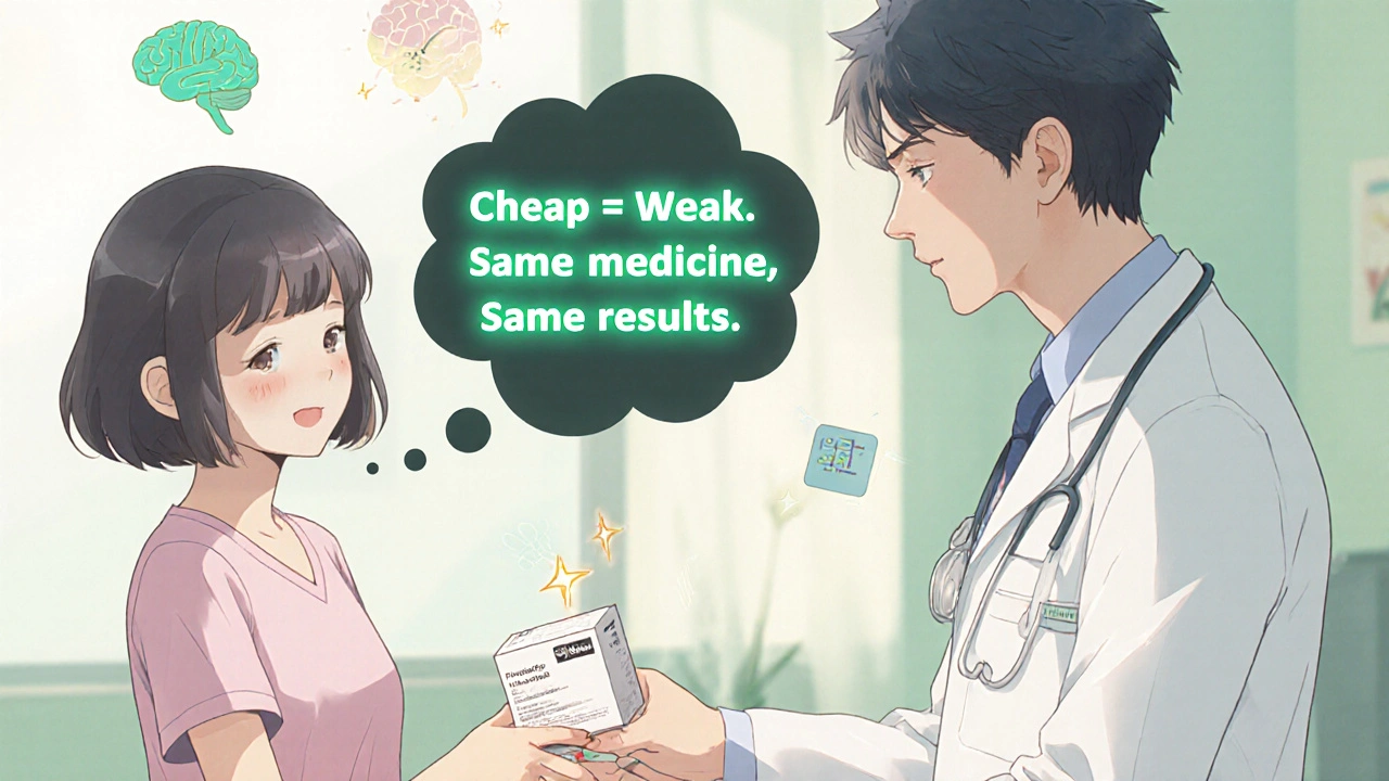 A doctor handing a patient a generic medication box, with positive thought bubbles and brain regions lighting up softly.