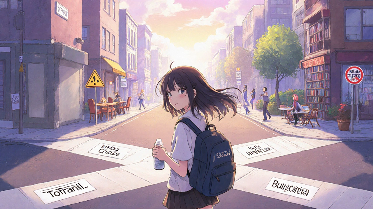 A girl choosing between medication paths in a dreamlike city at dawn.