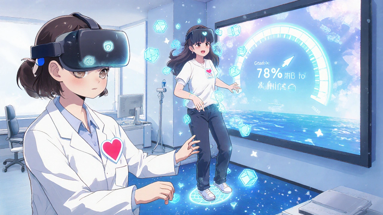 A patient doing balance therapy with a virtual reality headset, guided by a therapist.
