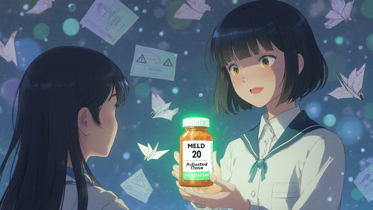 A pharmacist handing a reduced-dose pill bottle to a patient with a glowing MELD score.