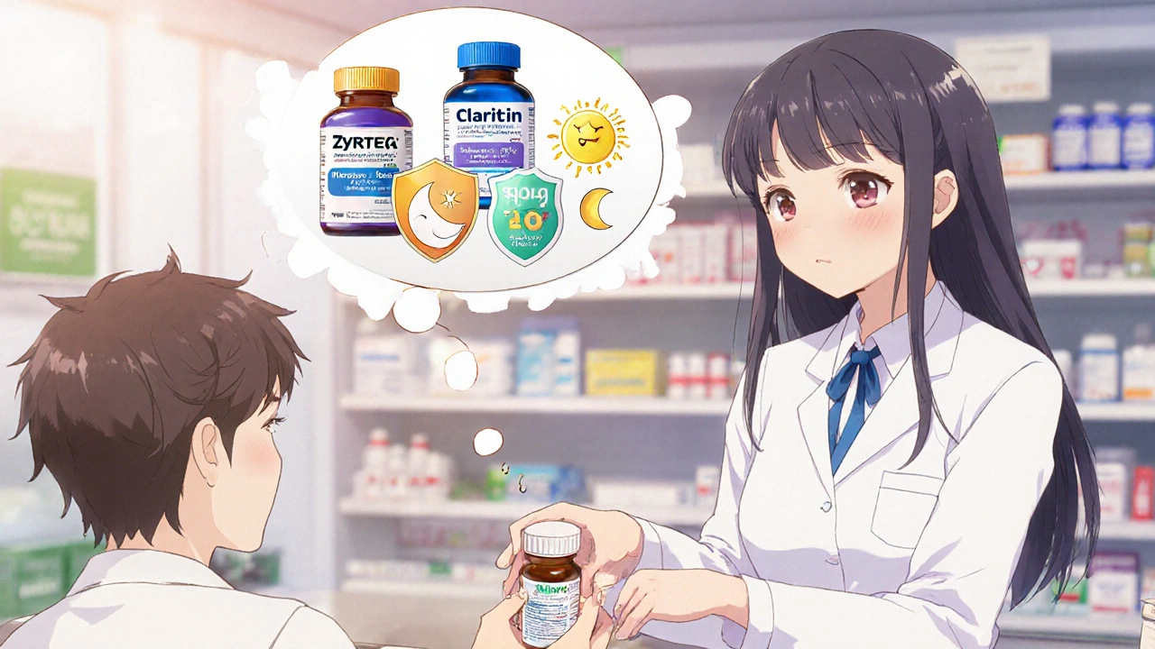 A pharmacist offering allergy pills with floating icons showing Zyrtec, Claritin, and Allegra differences.