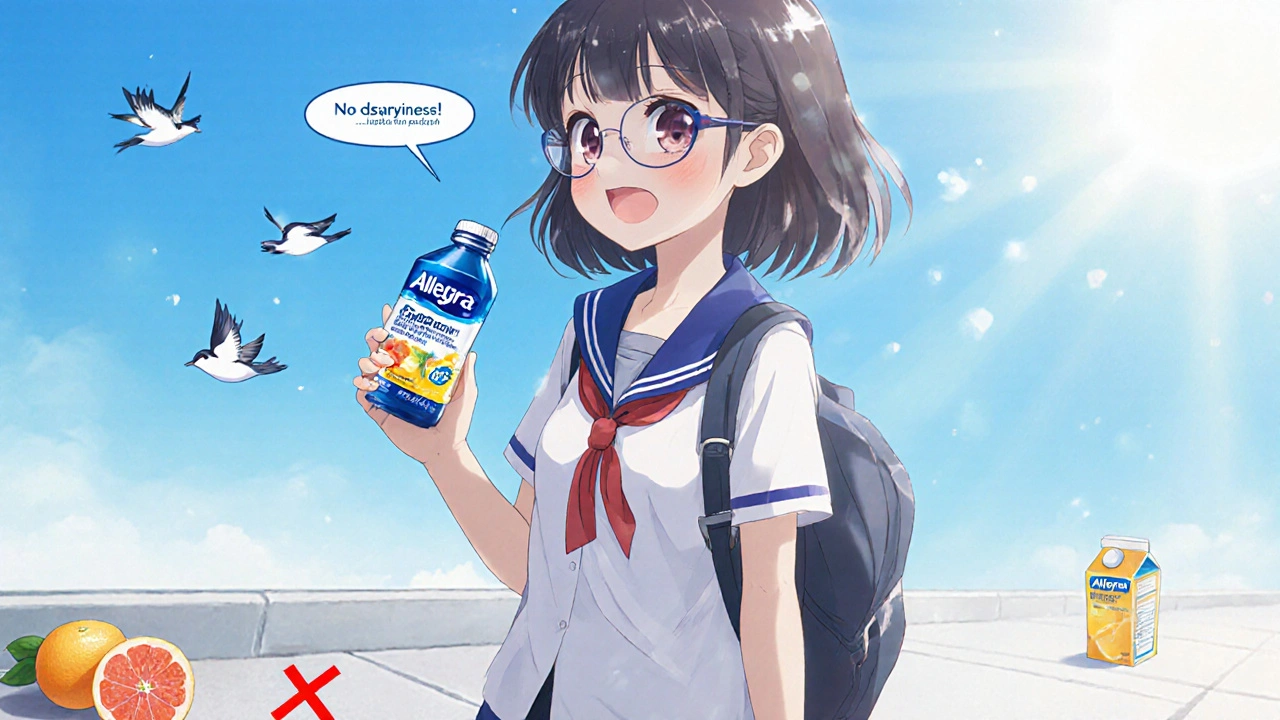 A teen walking to school holding Allegra, with no drowsiness and no grapefruit juice nearby.