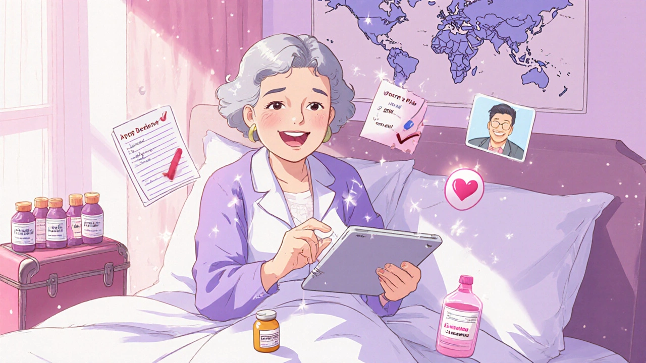 An elderly woman video-calling a doctor on a tablet while surrounded by medication and checkmarks, cozy anime moe style.